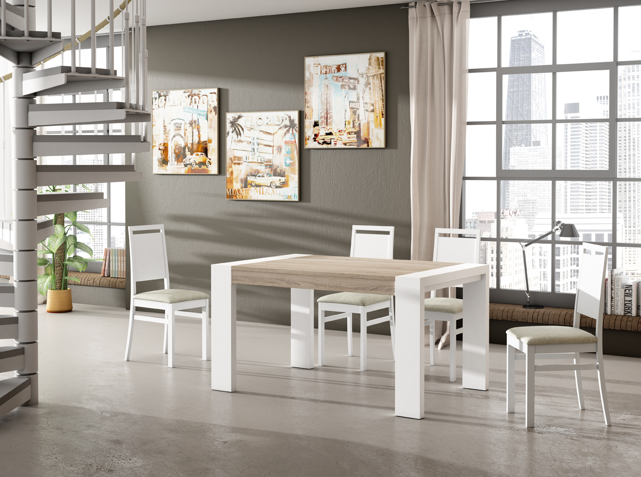 23 Disfruta de buenos momentos alrededor de esta mesa de comedor fabricada en los mejores materiales y acabada con color blanco y madera natural. 140 (ext. 200) x 75 x 90 cm; silla: 43 x 93 x 41 cm.