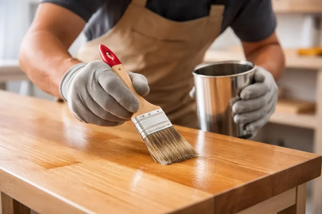 aplicando barniz a una mesa cómo proteger muebles de madera de la humedad