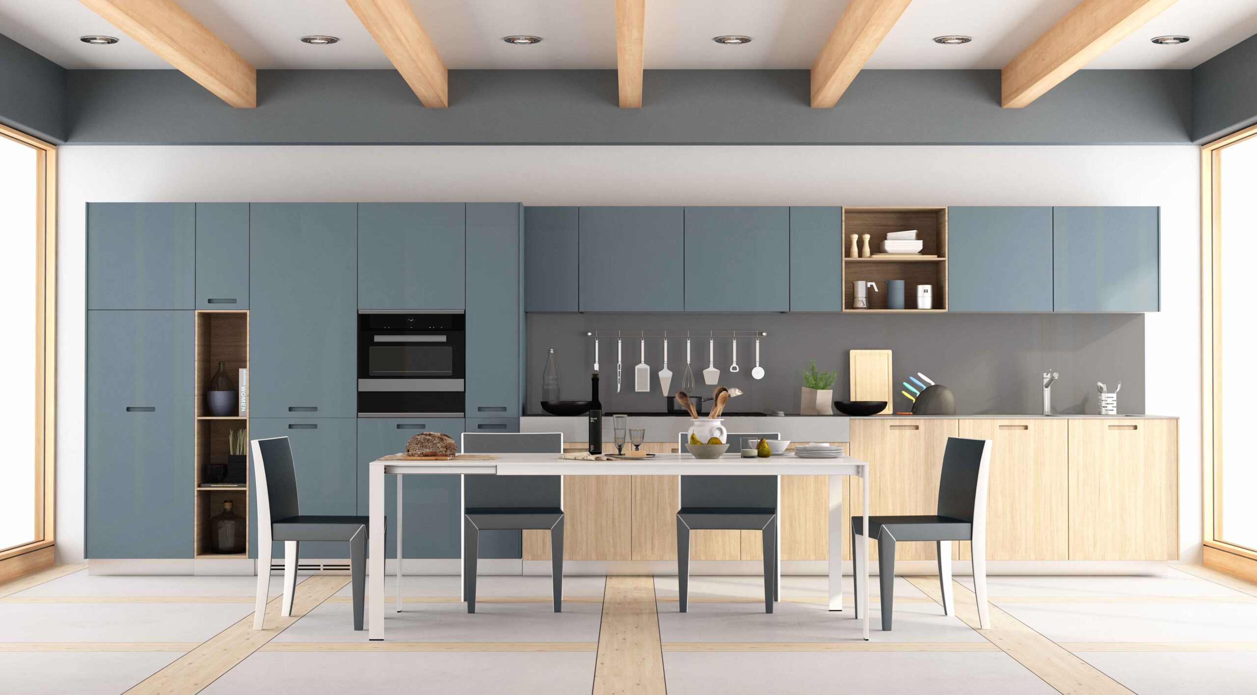 modern wooden and blue kitchen PZX6UVQ 1 scaled