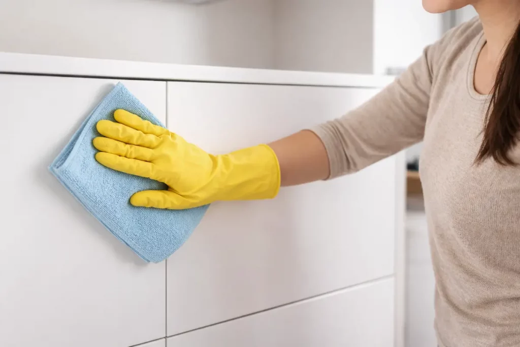 mujer limpiando melamina blanca cómo limpiar melamina