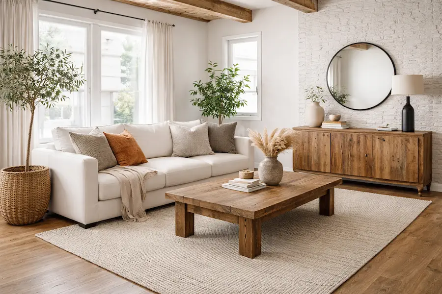 salon con estilo moderno y rustico cómo combinar estilos en decoración