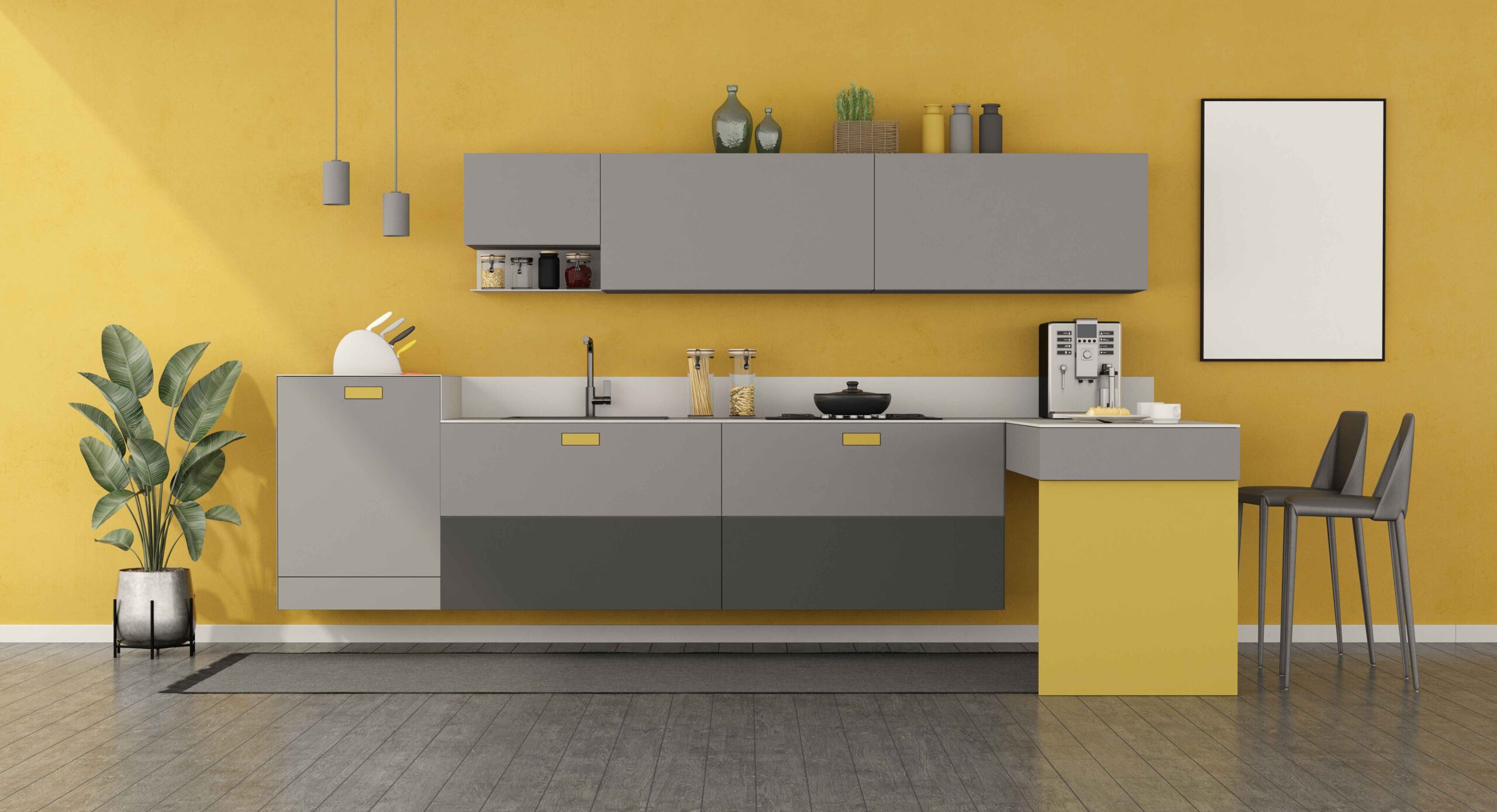 yellow and gray minimalist kitchen with peninsula 4KWQPBU 1 scaled